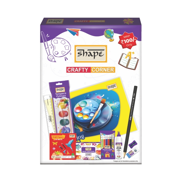Shape Crafty Corner box containing paints, crayons, glue, and craft papers, known as a complete craft kit for kids