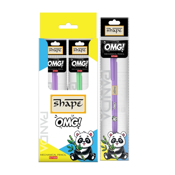 Shape OMG Panda Mechanical Pencil packaging and purple pencil featuring cute panda designs, known as a fun luxury mechanical pencil for kids