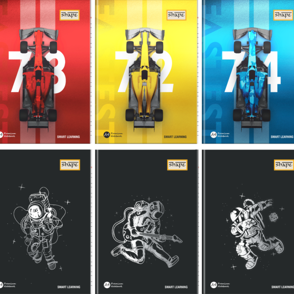 Collection of Shape A4 metallic notebooks featuring bright F1 race cars and black astronaut designs, perfect for organized spiral notebook notes.