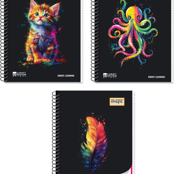 Shape Stationery A4 6-subject spiral notebook featuring a neon spectrum kitten on a black background.