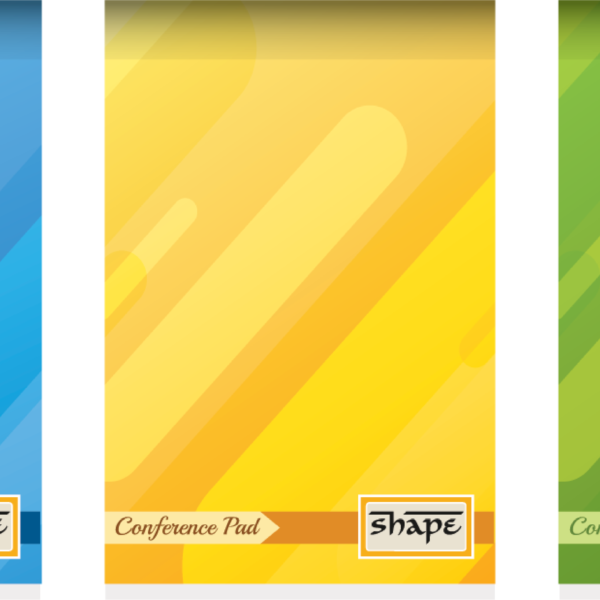 Three Shape Conference Pads in blue, yellow, and green colors, featuring a compact 1/8 size layout and modern geometric cover designs.