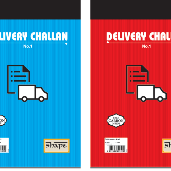 Two Shape brand Delivery Challan books (Blue and Red covers) showing a delivery truck icon, priced at 110 rupees, with Free Carbon Inside and 50x3 page format.