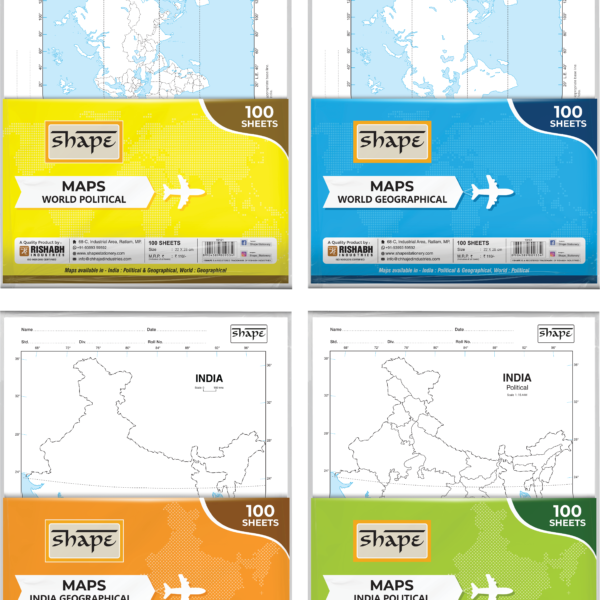 Shape Stationery maps for students featuring detailed India and World layouts in both Political and Geographical formats, sized 22x28 cm for school use.