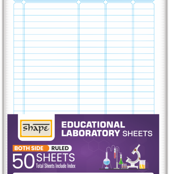 Shape Stationery lab sheet sized 22 by 29 cm, showing one-side ruled and both-side ruled formats designed for neat school science experiments.