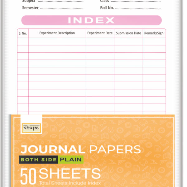 Two packs of Shape journal paper including a 50-sheet Both Side Plain pack (Orange) and a 25-sheet One Side Ruled pack (Teal), both featuring a printed index page.