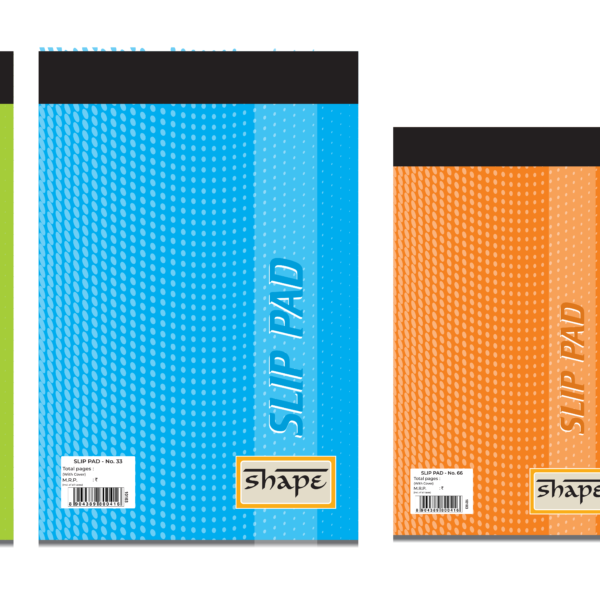 Four Shape Slip Pads in green, blue, orange, and yellow colors, featuring a dotted pattern cover and black top-binding for easy sheet tearing.