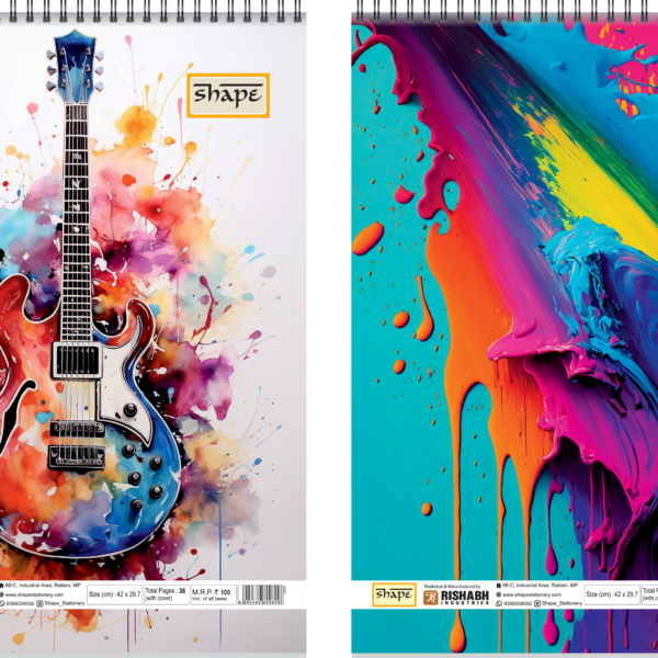 Shape Stationery spiral sketch book featuring vibrant artistic cover designs, sturdy top spiral binding, and smooth sketch paper inside for colours and shading.